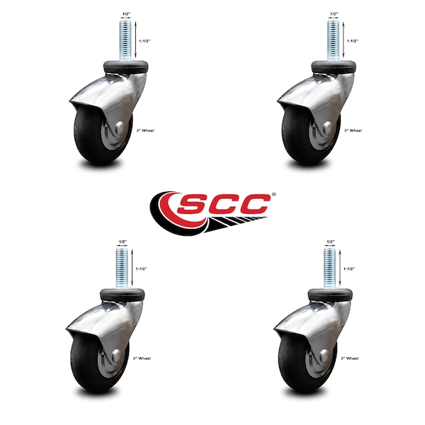 Service Caster 3 Inch Bright Chrome Hooded Neoprene Rubber 1/2 Inch Threaded Stem Casters, 4PK SCC-TS03S310-NPRB-BC-121315-4 - main